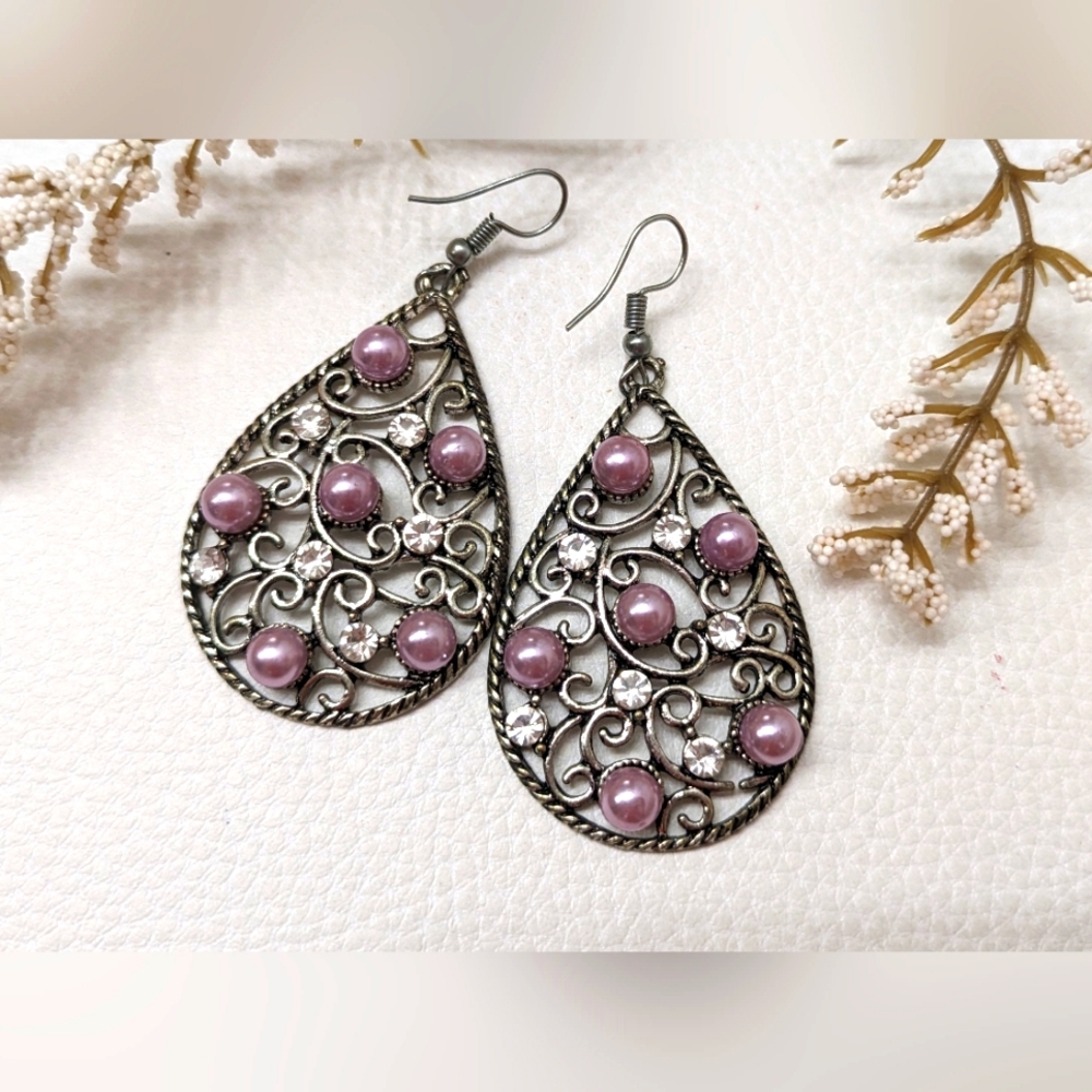 Teardrop Silver Purple Pearl Crystal Fashion Earrings